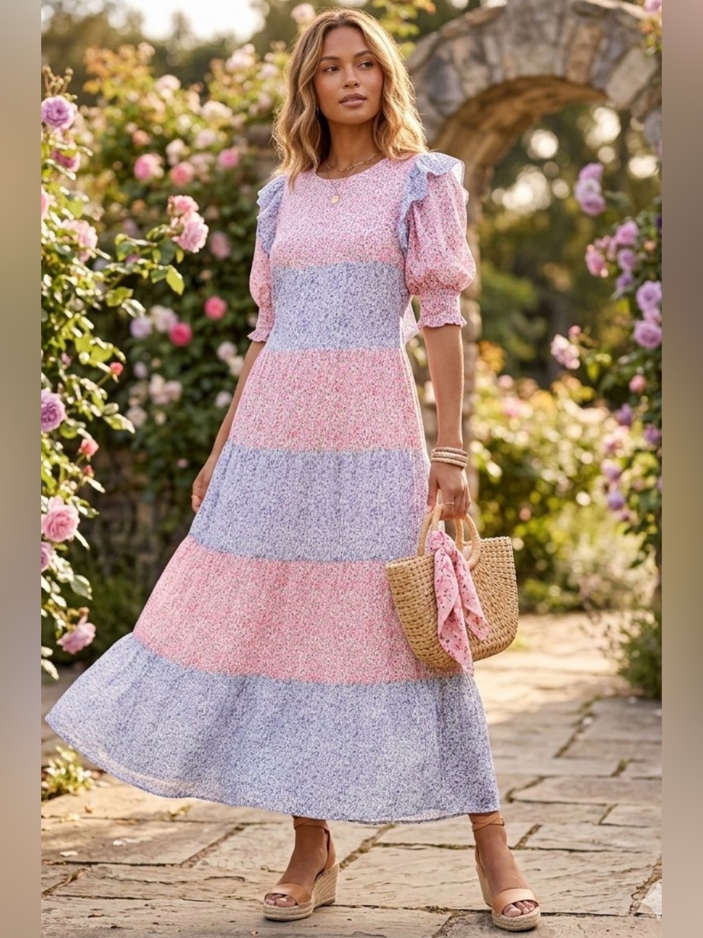 Hyacinth House Tuckernuck Barton Smocked pink lavender Floral Tiered Maxi Dress